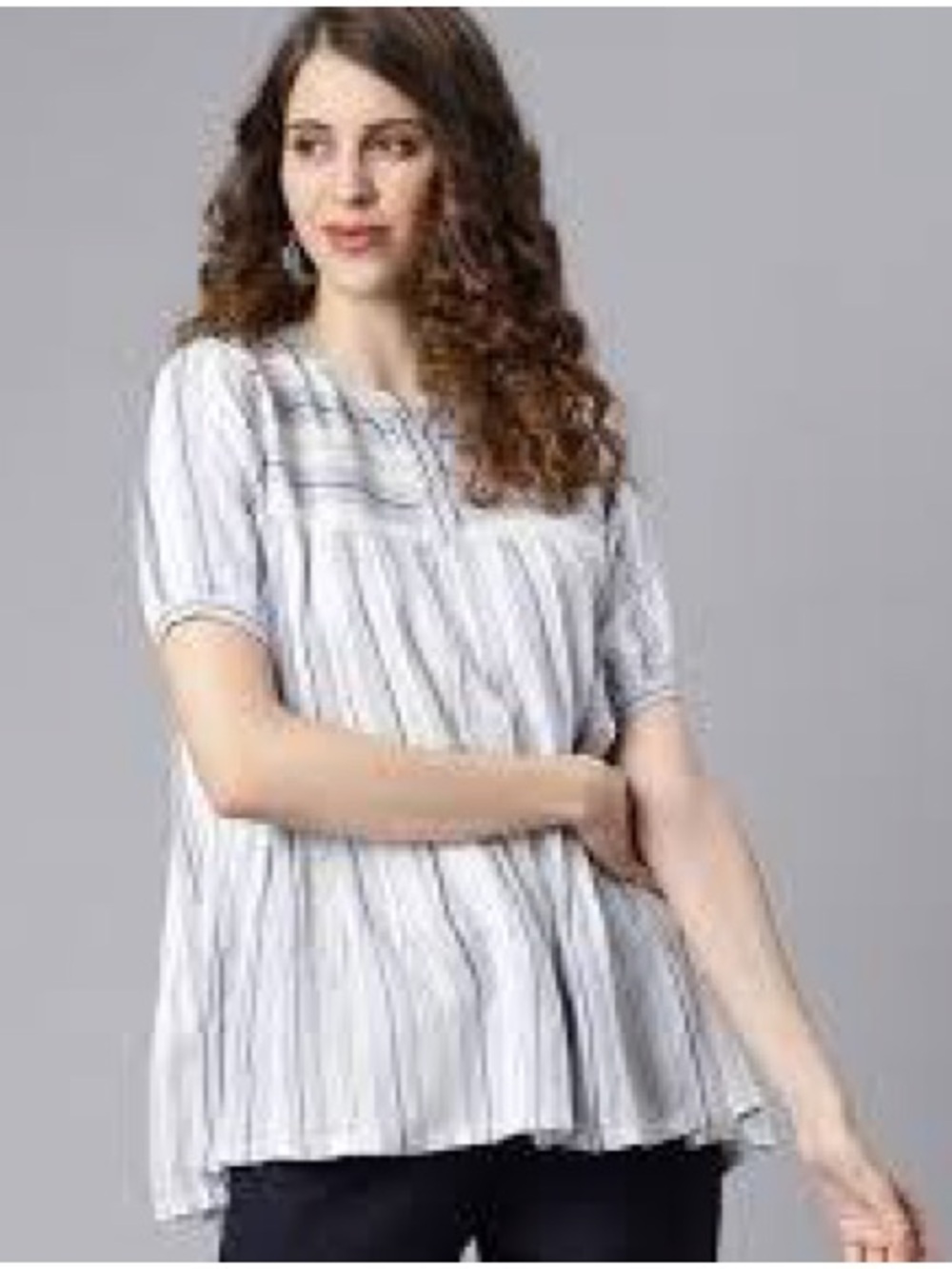 Striped Short-Sleeve Relaxed Tunic Top in White and Blue